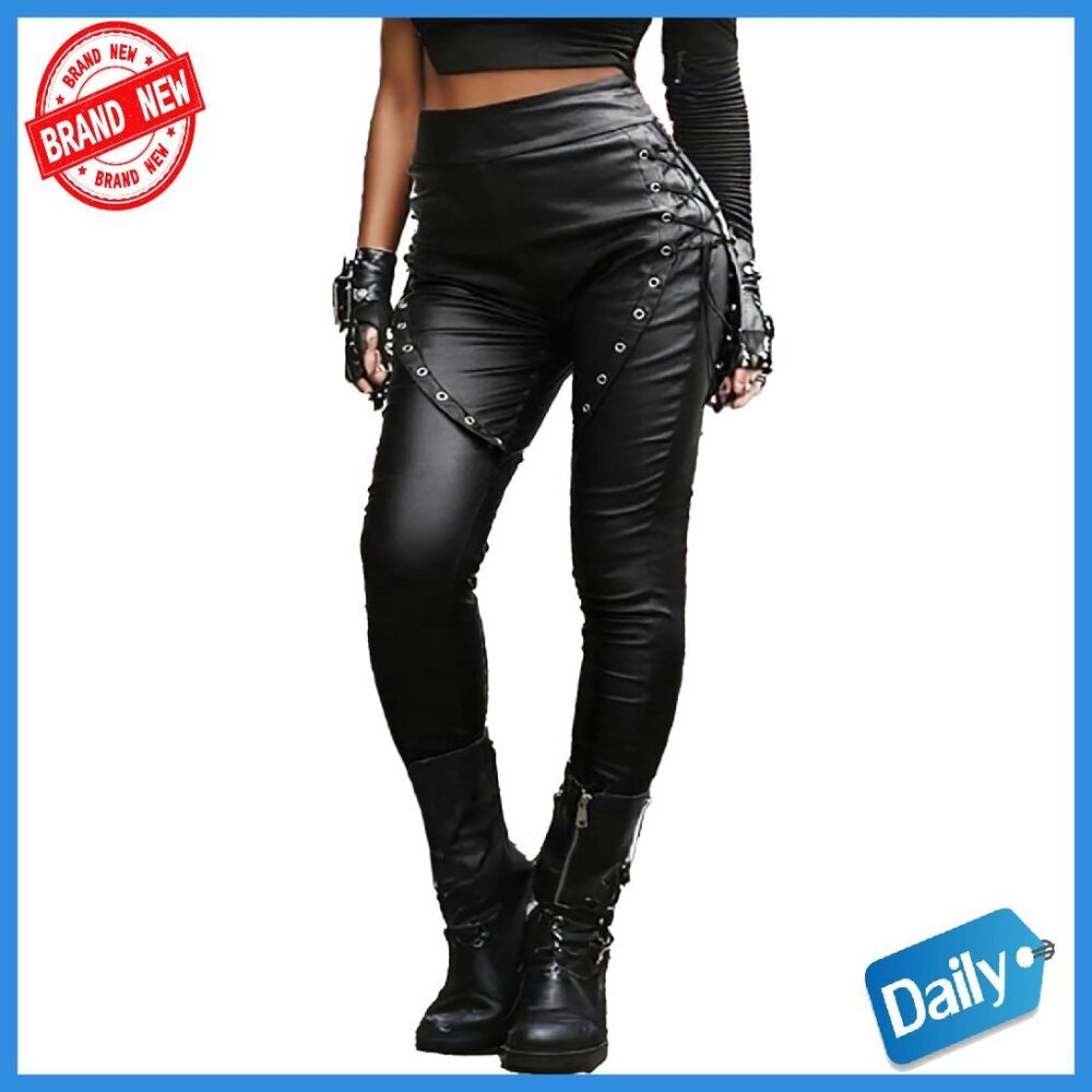 Fishnet Trim Lace Up PU Leather Pants Gothic Punk Leggings Women's